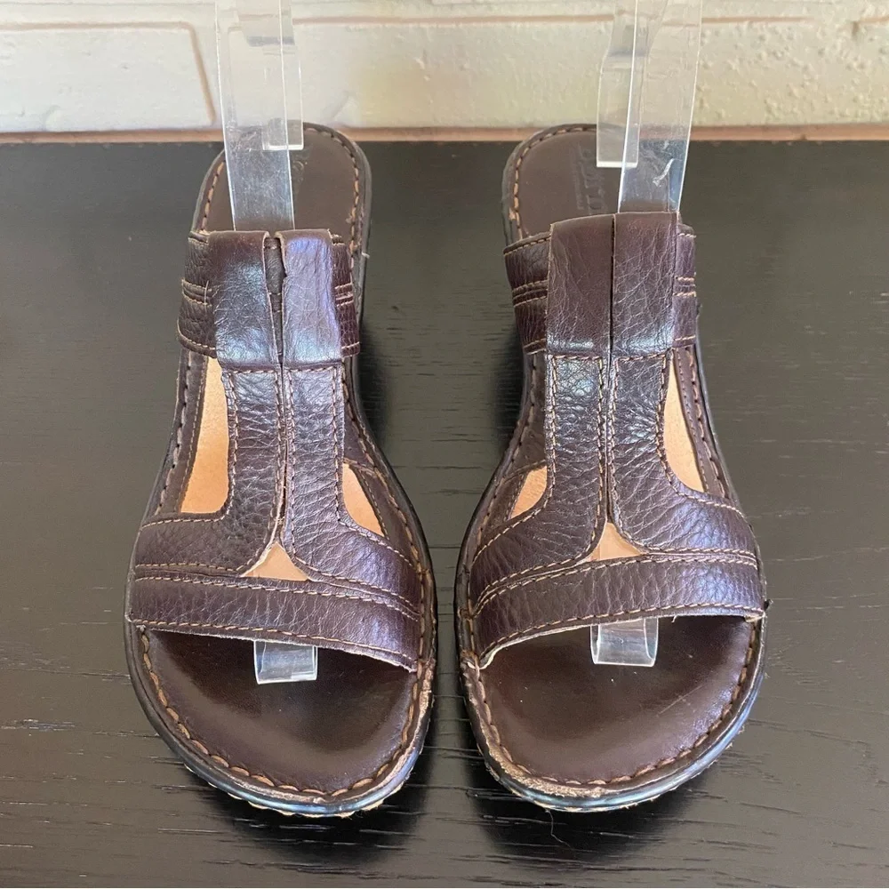 Born Brown Leather Slides Sandals Wedges Heels Comfort Strappy Preppy Size 9